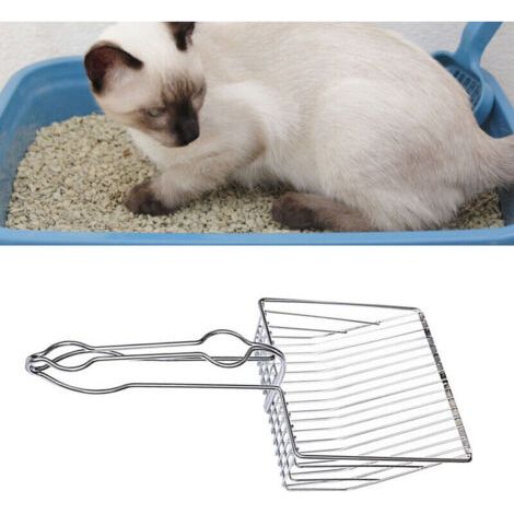 Eosnow Pelle à litière pour chat en acier inoxydable,pelle à litière pour chat à mailles fines,ergonomique,facile à nettoyer,argent