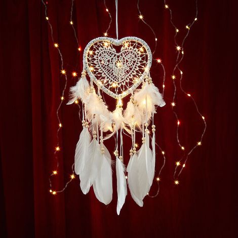 Attrape de Rêves LED, Faite Main Capteur de Rêves en Plumes Lumineux Dream Catcher pour Chambre Maison Décoration Tenture Murale Mobile Decoratif Filles Enfants Cadeau Blanc