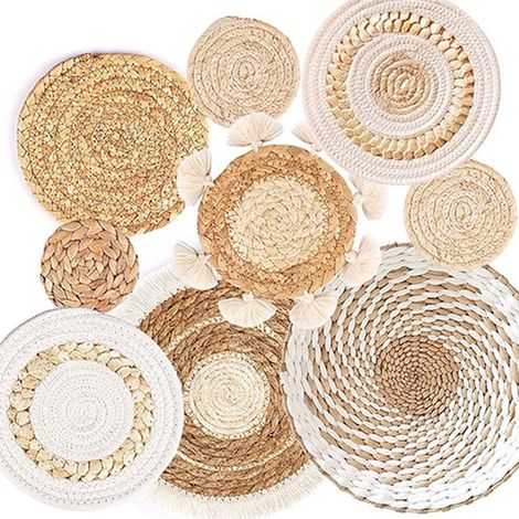 Ensemble de 9 paniers muraux bohèmes - Décoration murale artisanale en jonc de mer et rotin - Paniers muraux ronds décoratifs pour salon, chambre et couloir - Décoration murale bohème - Design naturel (1/5)