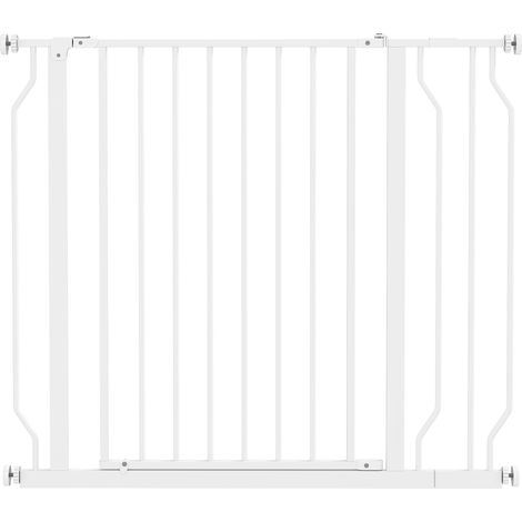 Barrière de sécurité pour chien extensible 75–95 x 76 cm, pour escaliers, couloirs et portes, sans perçage, en acier et ABS blanc (1/5)