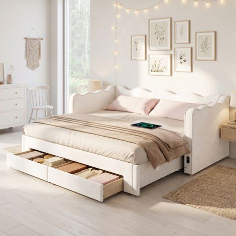 Lit Banquette Gigogne 90x200 cm extensible 180 cm avec 2 Tiroirs, Ports USB & Type-C, Velours, Beige (1/5)