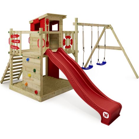 Wickey Wooden climbing frame Smart Camp with swing set and slide, Playhouse on stilts for kids with sandpit, climbing ladder & play-accessories - red (1/5)