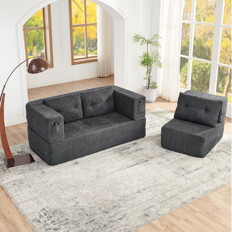 Schlafsofa klappbar mit Sessel 2-Sitzer Dunkelgrau OKMYHOME (1/5)