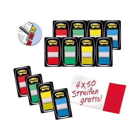 POST-IT Haftstreifen Post-it® Index Standard Promotion 43,2 x 25,4 mm (B x H) inkl. 4 x 50 Bl.Post-it® Index Standard gratis rot gelb blau grün 50 Bl./Block 12 Block/Pack. (1/4)