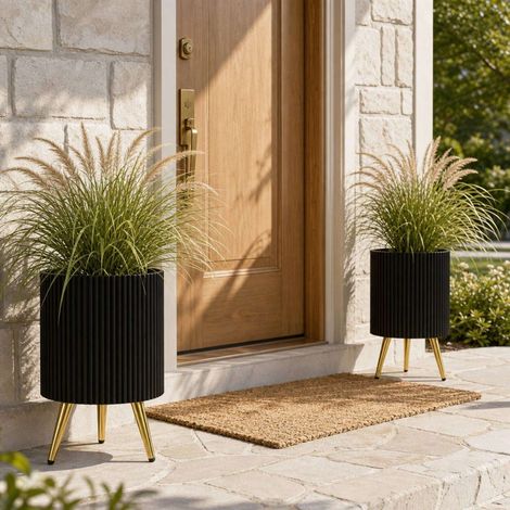 Set of 2 Black Metal Planters with Gold Legs and Drainage (1/5)