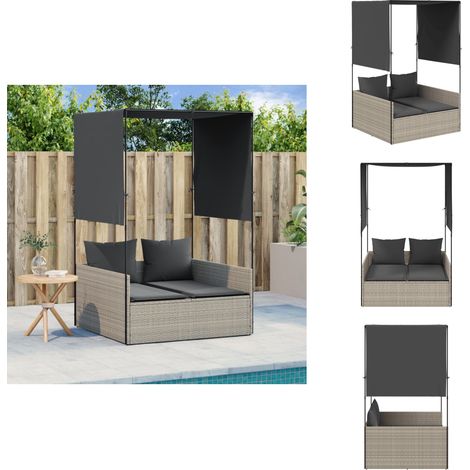 Chaise longue double avec toit et rideaux gris clair poly rotin - Chaises Longues Doubles - Transats - Bain De Soleil - Mobilier De Jardin - Chaises Extérieures (1/5)