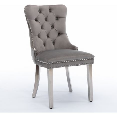Lot 2 chaises salle à manger Nikki DE1701GY,velours haut de gamme bois massif,pieds acier chromé,finition clous gris chromé