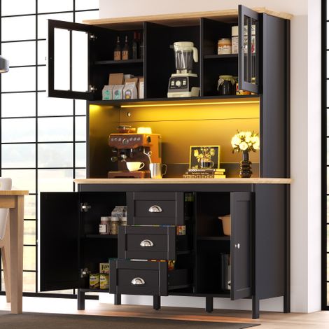 Meuble de cuisine, armoire haute 120x40x179 cm, Buffet et enfilade,4 portes et 3 tiroirs, avec éclairage LED, Noir (1/5)