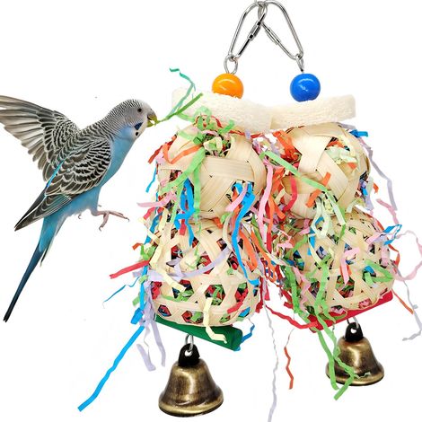Lot de 2 jouets suspendus à picorer et déchiqueter pour oiseaux, boule de bambou tressé et éponge végétale à mâcher, accessoires de cage pour petits et moyens perroquets, conures, calopsittes, insépar (1/5)