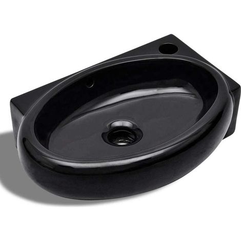 vidaXL Lavabo redondo de cerámica con orificio de grifo/desagüe negro (1/2)