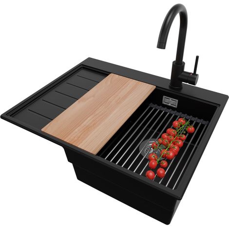 PRIMAGRAN Evier Cuisine en Granit 62x50cm,Lavabo 1 bac + Robinet 32x20cm + Kit de Vidage + Accessoires, Évier à Encastrer au meuble 40cm - Sydney, Noir (1/5)