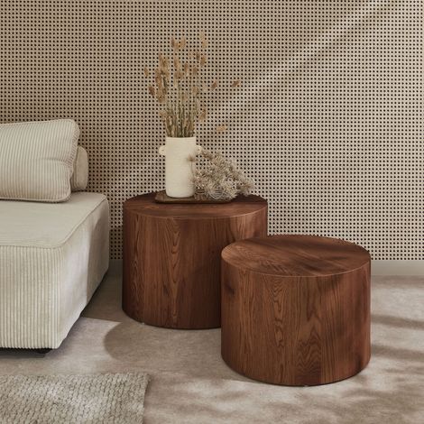 Lot de 2 tables basses rondes effet noyer. Ø58 x H 40cm / Ø50 x H 33cm SYLVA
