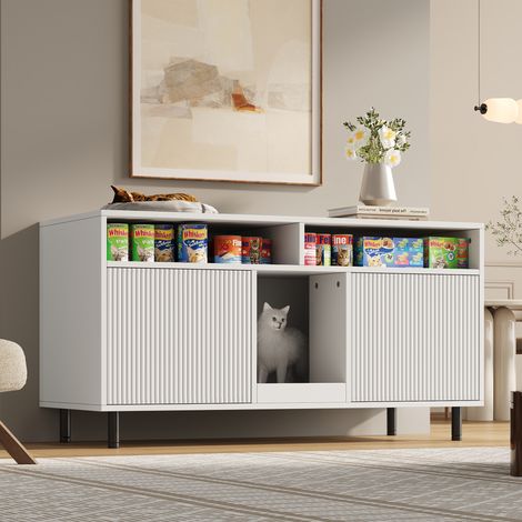 MODFU – Mobile per lettiera gatto 120x50x66 cm in MDF con tappeto raccogli sabbia, vano contenitore, ante nervate, portata 25 kg e 2 vasche – Bianco (1/5)