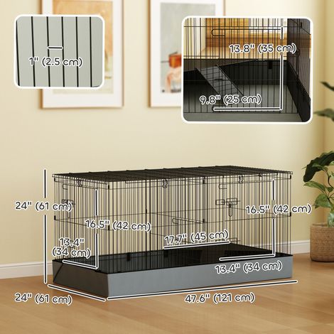 Cage pour cobaye, toit amovible, 2 compartiments séparés, doublure imperméable, pente, perchoir (1/5)
