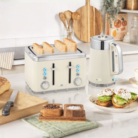 Bouilloire 2200 W, 1,7 L avec fonction ébullition rapide, filtre anticalcaire et grille-pain 4 tranches à 7 niveaux de brunissage, blanc crème (1/5)