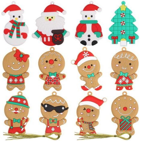 12 Ornements Bonhomme en pain d'épices, PVC, Design varié, Suspension facile, Décoration arbre de Noël (1/5)