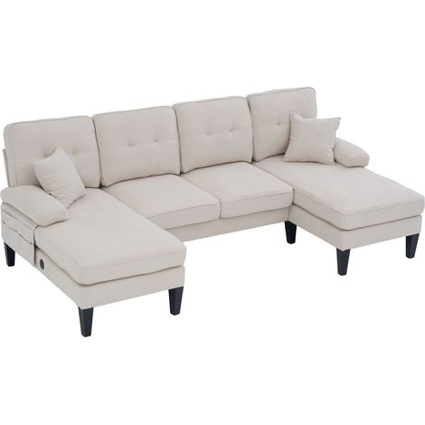 CHICFURN Divano a U 4 posti 250x130 cm in lino beige, 2 chaise longue e porte USB Type-C (1/5)