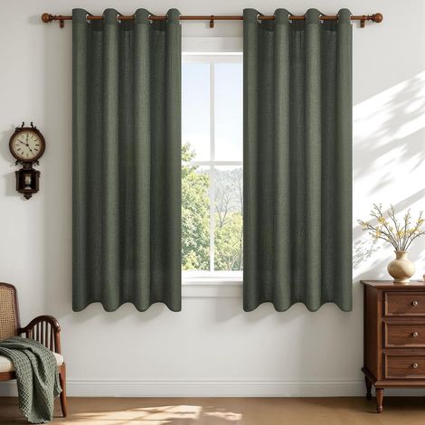 Rideau Effet Lin Voilage Fenetre à Œillets 140 x 160 cm, Rideaux Voilages Courts Tamisants pour Cuisine, Chambre et Salon, Style Naturel, 2 Panneaux, Vert Olive (1/5)