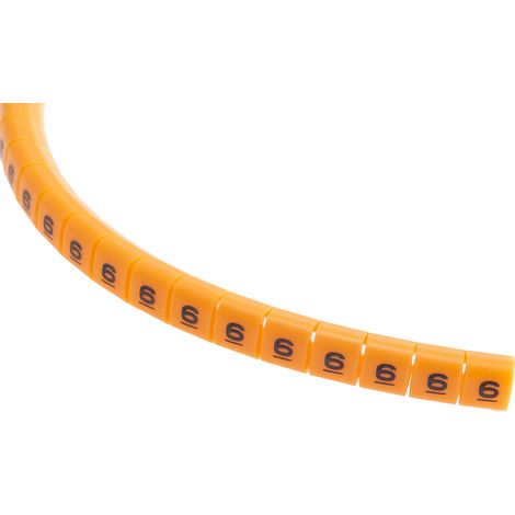 Repère câble à pression , Ø câble 3 3.4mm, texte : 6, Noir sur Orange ( Prix pour Bobine de 100 )