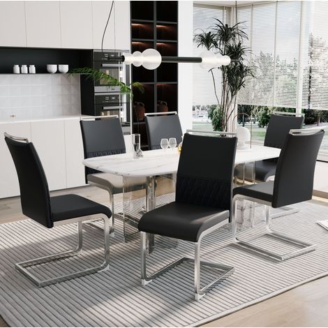 Sillas de comedor modernas, respaldo en PU y lino, estructura metálica, negras HAVRYA (1/5)