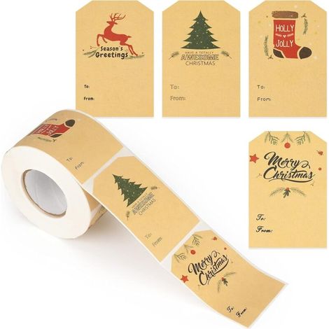 1roll Brun 300PCS Etiquette Cadeau Noel Autocollante Autocollants de Noël Etiquette Cadeau Noel Autocollante 7.5X5CM Étiquette Autocollant Stickers (1/5)