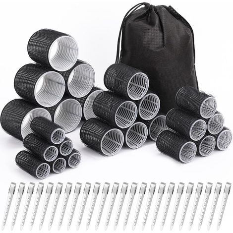Set di 24 bigodini (6 jumbo, 6 grandi, 6 medi, 6 piccoli) e 24 clip per tutte le lunghezze di capelli (nero) (1/5)