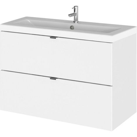 Alrewas Contemporary 2 Drawer Wall Hung Vanity Unit with Basin, Gloss White, 800mm (1/4)