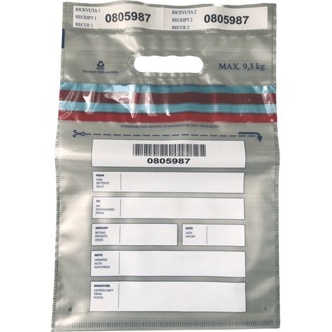 Busta porta valori con codice numerico/barcode, nastro VOID e maniglia Packaging - 100 Buste