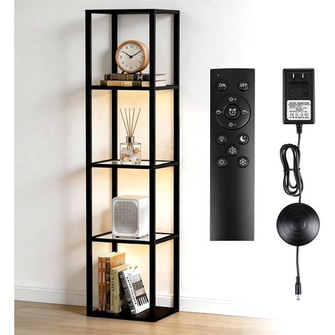 Bücherregal mit LED Beleuchtung, Glasvitrine Stehlampe mit Glasregal, Glas Vitrinenschrank Eckregal Stehend mit Einstellbarer Farbtemperatur und Helligkeit für Wohnzimmer, Büro, Spielzimmer