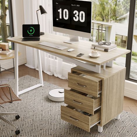 Scrivania con 3 cassetti, vano contenitore integrato, finitura in legno naturale e MDF bianco, 130x55x75 cm (1/5)