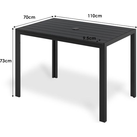 Gartentisch mit Sonnenschirmloch,Beistelltisch Balkontisch Outdoor-Esstisch 110 x 70 cm, Aluminium, WPC, Schwarz