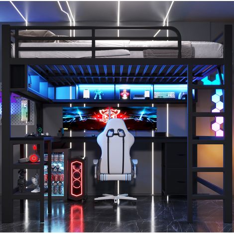 Lit mezzanine 140x200 cm - Avec bureau, étagères, armoire, LED et USB - En métal et MDF - Noir (1/5)