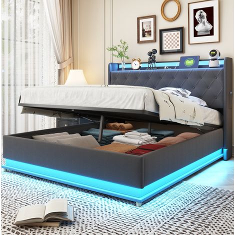 Bett 140x200 Stauraum LED USB Polster Grau OKMYHOME (1/5)