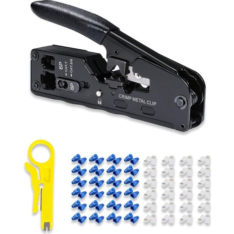 Lot de 50 pinces à sertir tout-en-un RJ45 RJ12 Ethernet Pass-Through pour connecteurs modulaires Cat5 Cat5e Cat6 Cat6a Cat7 avec mini pince à dénuder et couvercles (1/5)