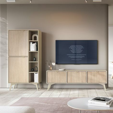 Wohnwand beige, Fronten mit Fischgrätenmuster, FAREHAM-160, 2-teilig (1/5)