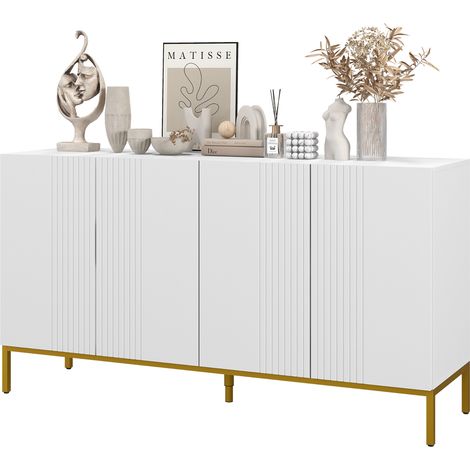 Buffet design contemporain graphique 2 placards porte étagères réglables en bois blanc métal doré