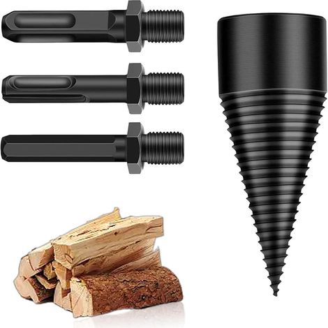Foret Fendeur de Bois, Acier au Carbone 32 mm Coin pour Fendre le Bois, Cône Perçage Vis pour Fendeur Bois, avec 3 Tiges de Forage, pour Maison, L'agriculture et Terrain (1/5)