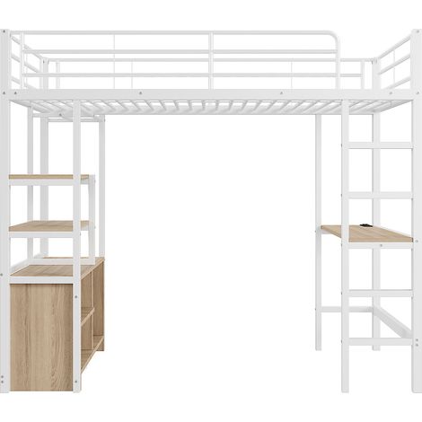 Hochbett 90 x 200 cm mit Schreibtisch, USB-Anschluss, Regalen und Stauraum, Metall weiß (1/5)
