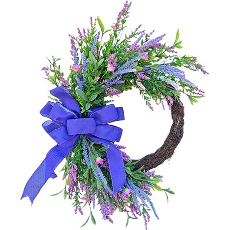 Couronne de fleurs sauvages de lavande printanière [50 cm], style champêtre, pour porte d'entrée ou intérieur/extérieur. (1/2)