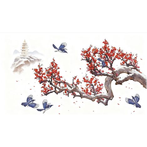 Sticker Mural - Branche De Prunier Avec Fleurs - Pour Chambre Enfant Salle De Bain Salon - 2 Pièces 90 X 30 Cm