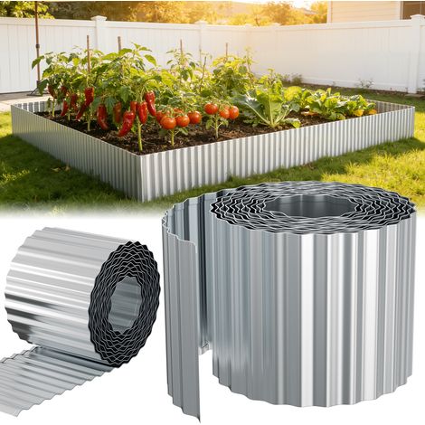 Jiubiaz Bordillo de jardín de acero galvanizado de 40 m x 15 cm, borde flexible para césped de 0,3 mm, delimitación de parterres y césped, color plata. (1/5)
