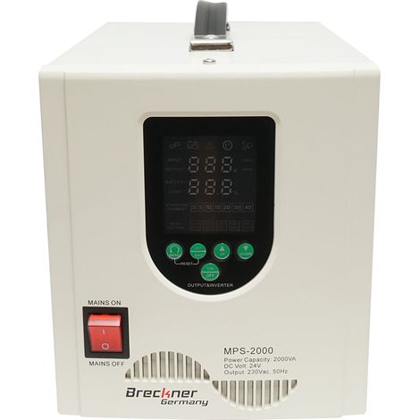 UPS con inverter per riscaldamento centralizzato 1400W/2000VA, onda sinusoidale pura 24V/230V, 2 prese schuko, display LCD, AVR Breckner Germany (1/5)