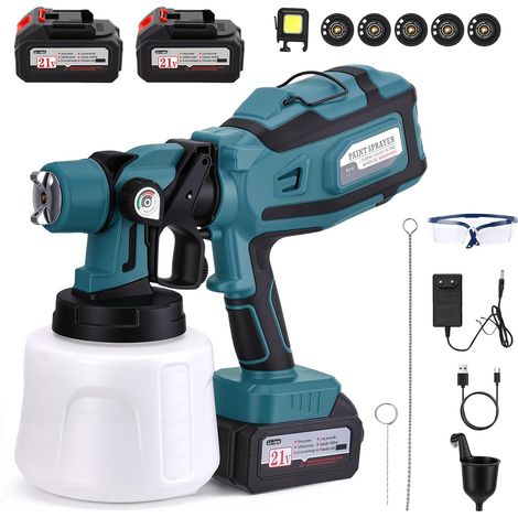Pistolet a Peinture sans Fil,Pistolet à Peinture avec Batterie 21 V,Pulverisateur a Batterieavec 5 Buses, Pistolet Peinture Electrique avec 2x4000 mAh et Chargeur pour Clôtures, Murs, Plafonds (1/5)