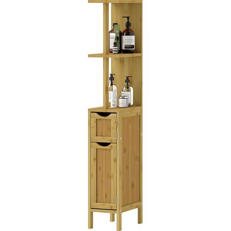 Colonne de salle de bain meuble de salle de bain avec 2 étagères 2 placards en bambou 18l x 30P x 120H cm bois naturel (1/5)