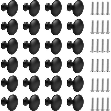 24 boutons de tiroir noirs mats, boutons de meuble ronds avec vis pour armoires de cuisine, tables, tables de chevet (30 mm) (1/4)