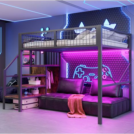 MODFU – Cama alta 140x200 cm de metal/madera con LED, escalera de almacenamiento y ropero, carga 150 kg – Negro (1/5)