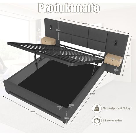 Lit capitonné en velours 180x200 cm avec tête de lit, tiroirs de rangement, éclairage LED, ports USB-C, coffre hydraulique et cadre métallique solide (poids max 200 kg). (1/5)