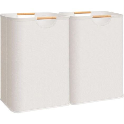 Set aus 2 großen, faltbaren Wäschekörben mit Bambusgriffen, 80 L, weiß (1/5)