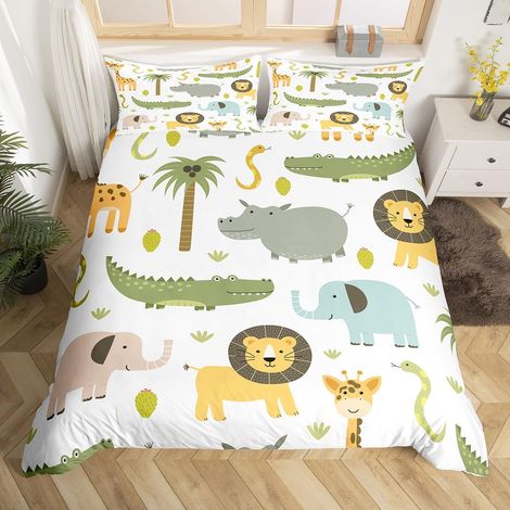 Parure de lit avec housse de couette 135 x 200 cm, motif animalier botanique et arbre tropical, vert et blanc, pour filles et garçons (1/5)