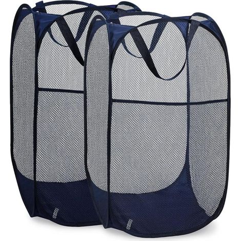 Panier à linge pliable en maille avec large ouverture et poche latérale – Respirant, robuste et peu encombrant pour le rangement des vêtements. (Bleu  Lot de 2)